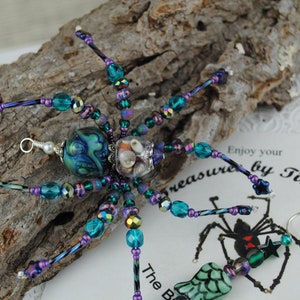 Mermaid Tail Mood Bead Beaded Christmas Spider Ornament with German Tinsel Legend, Unique Gift, Decoration, Ornament Exchange, Real Shells