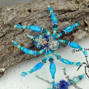 Chincoteague Island Sea Star Waves Natural Bayberry Beaded Christmas Spider Ornament with Legend, Christmas German Legend, Tinsel Legend