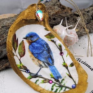 Decoupage Blue Bird Oyster Shell Ornament, Jewelry Dish Seashell Christmas ornament, Coastal Beach House Hostess gift, Wine bottle charm