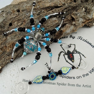 Beaded Silver Tropical Pineapple Beaded Christmas Spider Ornament with German Tinsel Legend, Also great for Office or Desk Pet Gift, Decor