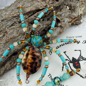 Beaded Natural Housewarming Get Well Gift Natural Seashell Tiger Cowrie OOAK Christmas Spider with German Legend, Nautical Holiday Gift