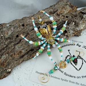 Peek-a-Boo Owl Beaded Christmas Spider Ornament with German Tinsel Legend, Decoration, Spider Poem, Friendship / Housewarming Gift
