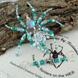 Original Design White Lace Turquoise Guardian Angel Doll Wings Beaded Christmas Spider Ornament with Legend, Christmas Decoration Ornament