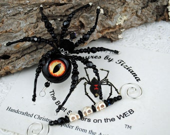 OOAK Handmade Halloween Spooky Black Ebony Snake Dragon Glass Eye Spider Tarantula Beaded Christmas Spider Ornament Legend, Decoration, Gift