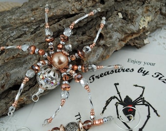 Rose Gold with Filigree Crystal AB Beaded Christmas Spider Ornament with German Tinsel Legend, Decoration, Gift, TreasuresbyTiziana Original