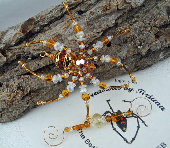 November Birthstone Beaded Spider, Swarovski Crystal Topaz Spider, Christmas Spider, Christmas ornament, Holiday Gift