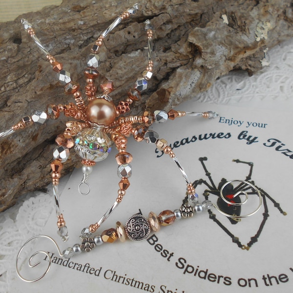 Rose Gold with Filigree Crystal AB Beaded Christmas Spider Ornament with German Tinsel Legend, Decoration, Gift, TreasuresbyTiziana Original