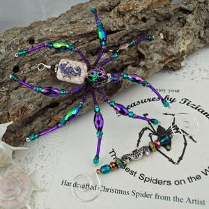 Handmade Purple Seahorse Beaded Christmas Spider Ornament with German Tinsel Legend, Spider Ornament, Holiday Ornament, Secret Santa Gift