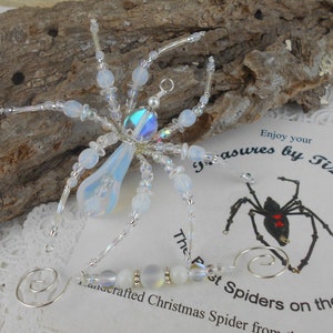 Opalite Opal Calla Lily Flower Beaded Christmas Spider Ornament with German Tinsel Legend, Unique Office Gift, Desk Pet, Suncatcher