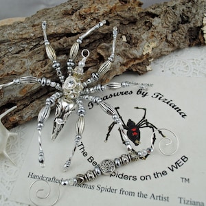 Beaded Steampunk Art Spider Sculpture Metal Silver Bird Skull Raven Goth Christmas Spider Ornament with German Legend, Secret Santa Gift