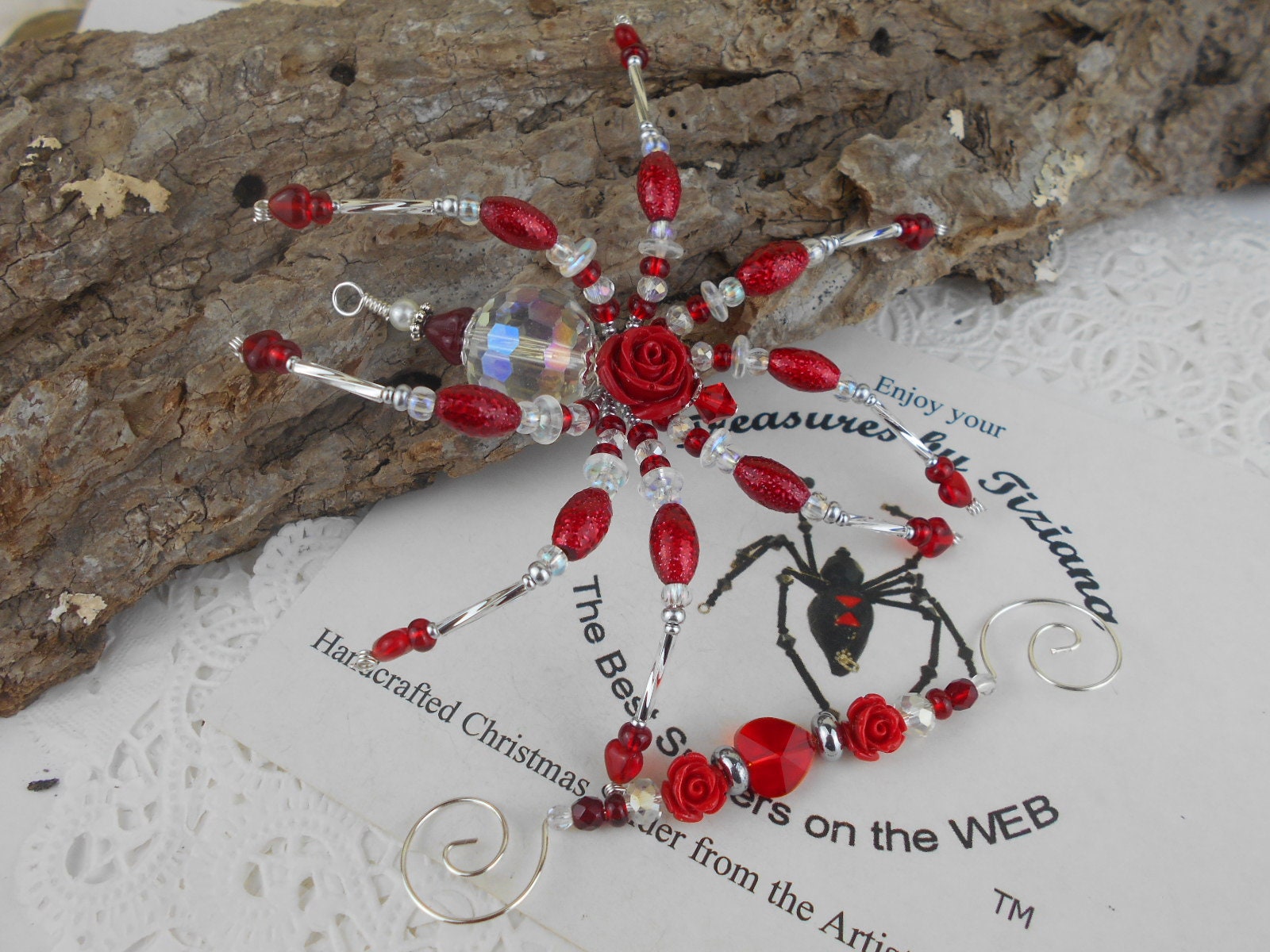 Valentine's Day Wedding Red Rose Flower Love Heart Charm Christmas Spider Ornament German Tinsel Legend, Treasures by Tiziana® Gift