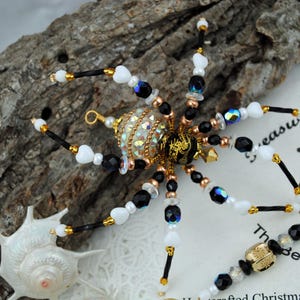 Golden Dragon Carved Black Onyx Gemstone Beaded Christmas Spider Ornament with German Tinsel Legend, Decoration, Holiday Ornament Exchange