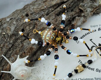 Golden Dragon Carved Black Onyx Gemstone Beaded Christmas Spider Ornament with German Tinsel Legend, Decoration, Holiday Ornament Exchange