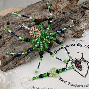 Spooky Halloween Bloody Veins Nasty Glass Eye Ball Beaded Christmas Spider Ornament with German Tinsel Legend, from Treasures By Tiziana