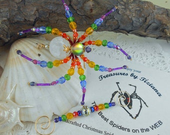 Beaded Rainbow Spider Christmas Ornament with German Tinsel Legend