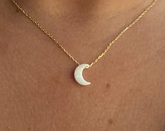 14k Gold Opal Moon Necklace, 925 Sterling Silver Crescent Pendant, Celestial Necklace Gift for Her, Handmade Jewelry, Gold or Rose Vermeil