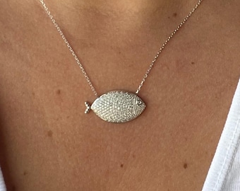 925 Sterling Silver or 14k Gold Diamond Fish Necklace - Dainty Pave Fish Pendant - Symbolic Ocean Jewelry - Handmade Gift for Her