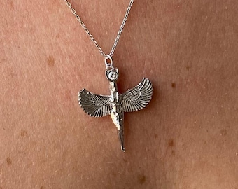 Diamond Isis Angel Necklace in 925 Sterling Silver – Goddess Winged Pendant – Spiritual Jewelry – Protection Necklace – Gift for Her, Women