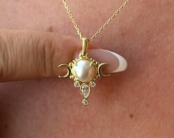 14k Gold & 925 Silver Triple Moon Goddess Necklace with Pearl and Lab Diamonds – Handmade Moon Phase Pendant – Wiccan Jewelry for Women