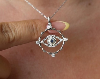 Sapphire Evil Eye Necklace in 925 Sterling Silver – Dainty Blue Eye Pendant – Handmade Protection Jewelry – Gift for Her