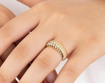 14k Solid Gold Dome Croissant Ring, Unique Bold Statement Ring, Twisted Dome Statement Ring, Handmade Pinky Signet Ring, Bold Croissant Ring