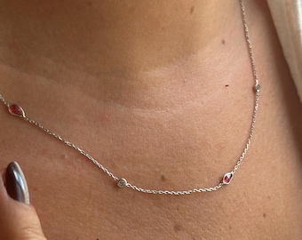 14k Gold Red Teardrop Station Necklace, Dainty Silver Layered Necklace with Red and White Stones, Handmade Minimalist Necklace Gift for Her