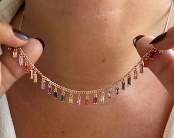 14k Gold Rainbow Baguette Necklace, Colorful Gemstone Chain Necklace, Dainty Multicolor Drop Necklace, Layered Jewelry Gift for Her