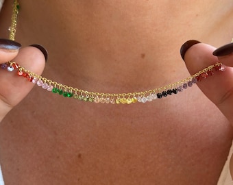 14k Gold Rainbow Birthstone Station Necklace – Multicolor Gemstone Beaded Chain Necklace – Dainty Gold Layering Necklace – Gift for Women