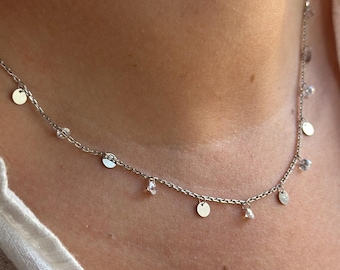 14k Gold Layered Disc and Diamond Station Necklace | Dainty Layered Chain Necklace | Minimalist Silver Necklace | Gift for Her