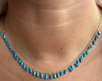14k Gold Turquoise Bar Necklace, Dainty Choker Necklace, Layered Disc Necklace, Gold Necklace for Women, Handmade Jewelry Gift