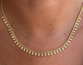14k Gold Four Leaf Clover Necklace Dainty Miami Curb Chain Necklace Luck Charm Necklace Diamond Station Necklace Everyday Gold Jewelry Women
