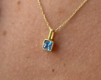14k Gold Aquamarine Necklace, Square Cut Blue Gemstone Pendant, March Birthstone Jewelry, Dainty Aquamarine Necklace, Gift for Her Women