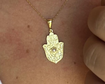 Hamsa Hand Necklace with Pearl - 14k Gold & Silver Necklace - Evil Eye Pendant - Handmade Protection Jewelry - Gift for Her
