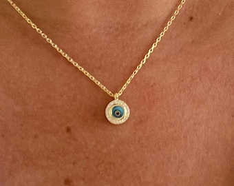 14k Gold Evil Eye Necklace, Diamond CZ Eye Pendant, Blue Enamel Nazar Necklace, Dainty Protection Jewelry, Gift for Her
