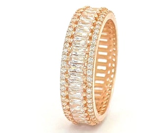 14k Gold Vermeil Baguette Eternity Band Ring, Wide Stacking Ring, Diamond CZ Band, Rose Gold or White Gold Ring, Statement Ring for Women