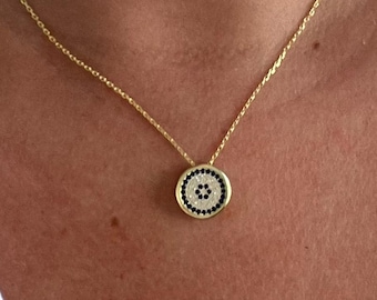 14k Gold Evil Eye Necklace with Sapphire and Diamond | 925 Sterling Silver or 14k Gold | Dainty Protection Pendant | Handmade Gift for Her