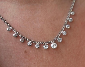 Minimalist Diamond Drop Necklace, 925 Sterling Silver Curb Chain Necklace, Layered Gift for Her, Handmade Dainty Jewelry