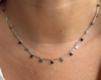 14k Gold Black Onyx Disc Station Necklace, Layered Coin Chain Necklace, Dainty Double Strand Necklace, Minimalist Jewelry Gift for Her