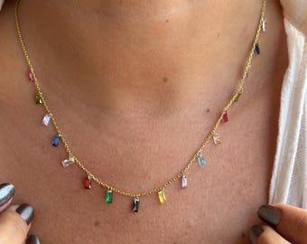 14k Gold Multicolor Baguette Dangle Necklace – Colorful Gemstone Chain Necklace – Rainbow Layered Necklace – Gift for Her
