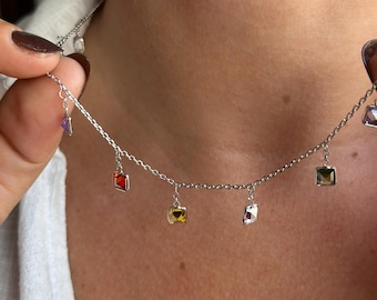 14k Gold Multicolor Gemstone Necklace, Dainty Rainbow Station Necklace, Colorful CZ Necklace, Layered Chain Necklace, Gift for Her