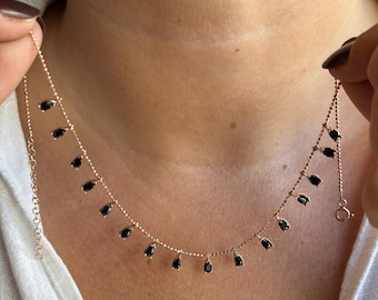 14k Gold Onyx Drop Necklace – Black Teardrop Gemstone Necklace, Dainty Layered Necklace, Minimalist Gold Chain Jewelry, 925 Sterling Silver