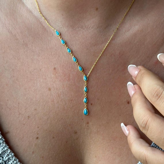 Turquoise Teardrop Y Necklace – 14k Gold Drop Necklace – Dainty Layering Jewelry – Handmade Gift for Her Women
