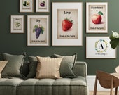 Set of 9 posters - Bible scripture Galatians 5:22 fruit of the Spirit watercolor painting style digital printable wall art in various sizes