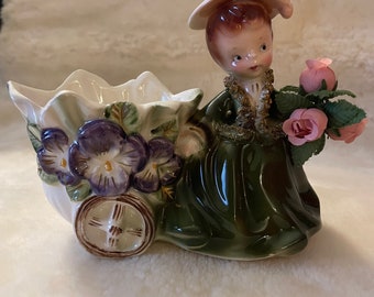 Vintage 1950s Lady with  Pansy Flower Cart Planter