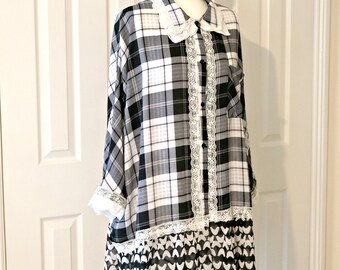 Fluttery 3X black and white check top.  Upcycled blouse . Plus Size Top . Boho Chic . Ruffly Lacy 3X top . Black And White Shirt 3X