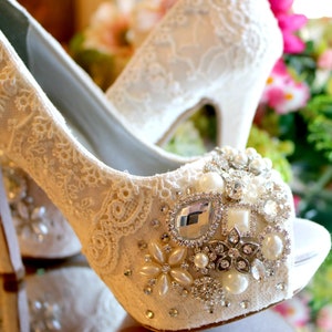 Vintage Lace Wedding Shoes . Bridal High Heels ..Lacy Bridal Shoes ...Crystals and Pearls . Sparkling Wedding High Heels