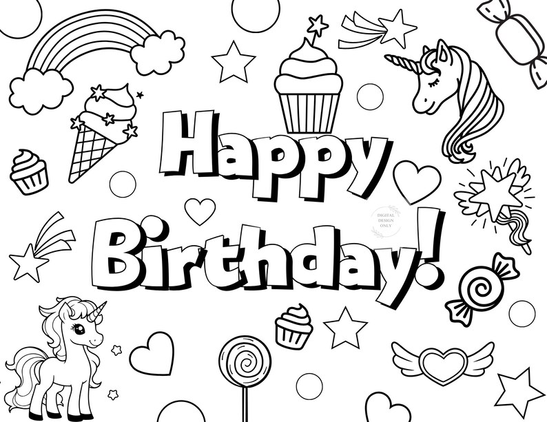 Unicorn Birthday Coloring Sheet Printable, Birthday Coloring Sheet Printable, Birthday Activity ...