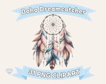 Drömfångare Clipart | 30 detaljerade PNG-bilder | Fjädrar, pärlor och blommiga element | Högupplöst transparent bakgrund