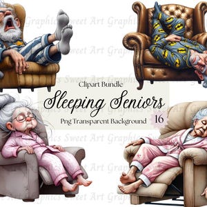 Sleeping Seniors Digital Clipart, Senior Citizens, Sleeping Pensioners, Sweet Dreams, Couch Potatoes, Whimsical, Commercial Licence