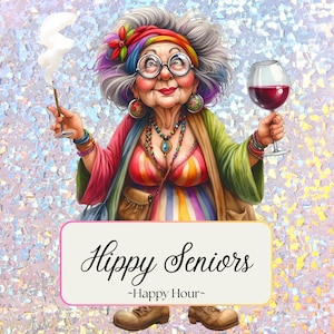 Happy Hour-editie hippie senioren, digitale transparante png-clipart, senioren ouder dan 18 jaar, retro drinken, groovy senioren, ambachtelijk aanbod, kaarten